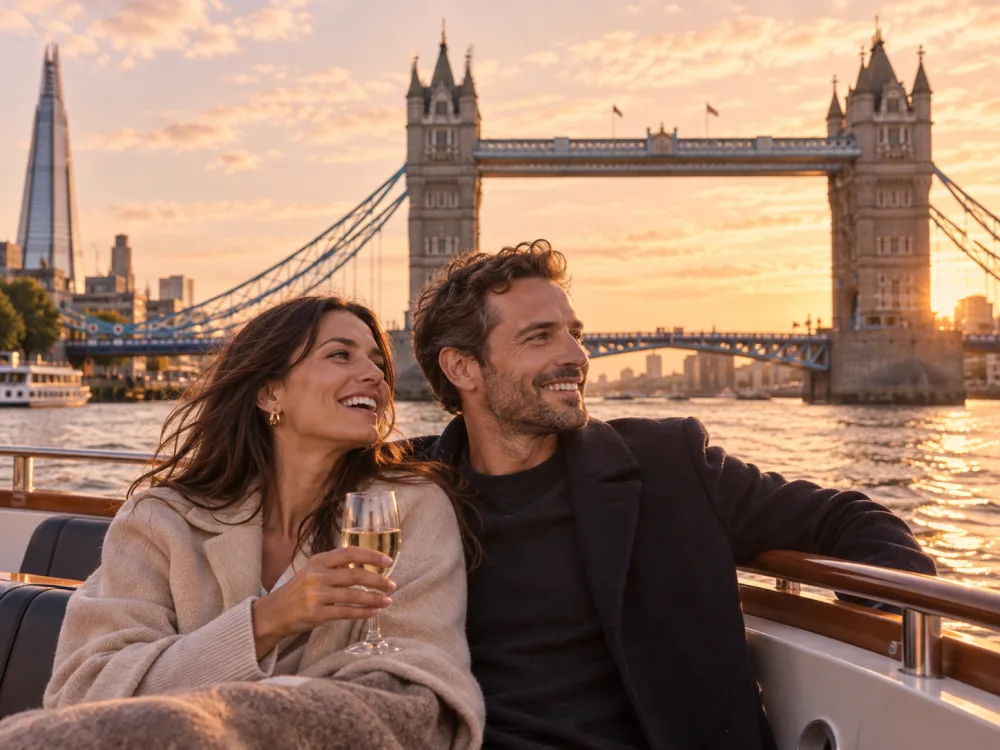 Couple enjoying a sunset sightseeing experience by Tower Bridge
