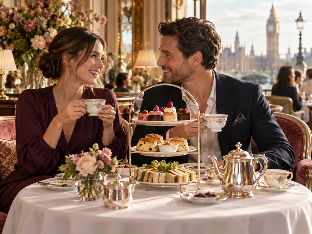 Couple sharing afternoon tea in a London hotel