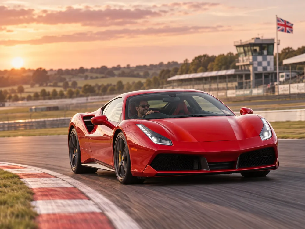 Red supercar driving around a British racing circuit