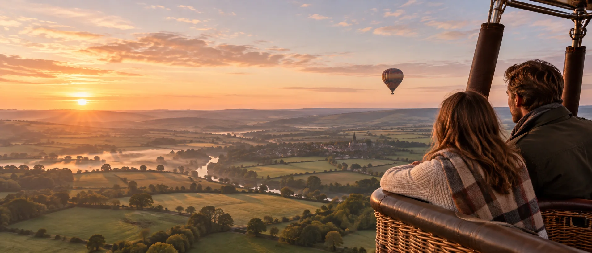 Couple sharing a sunrise hot-air-balloon flight above the countryside