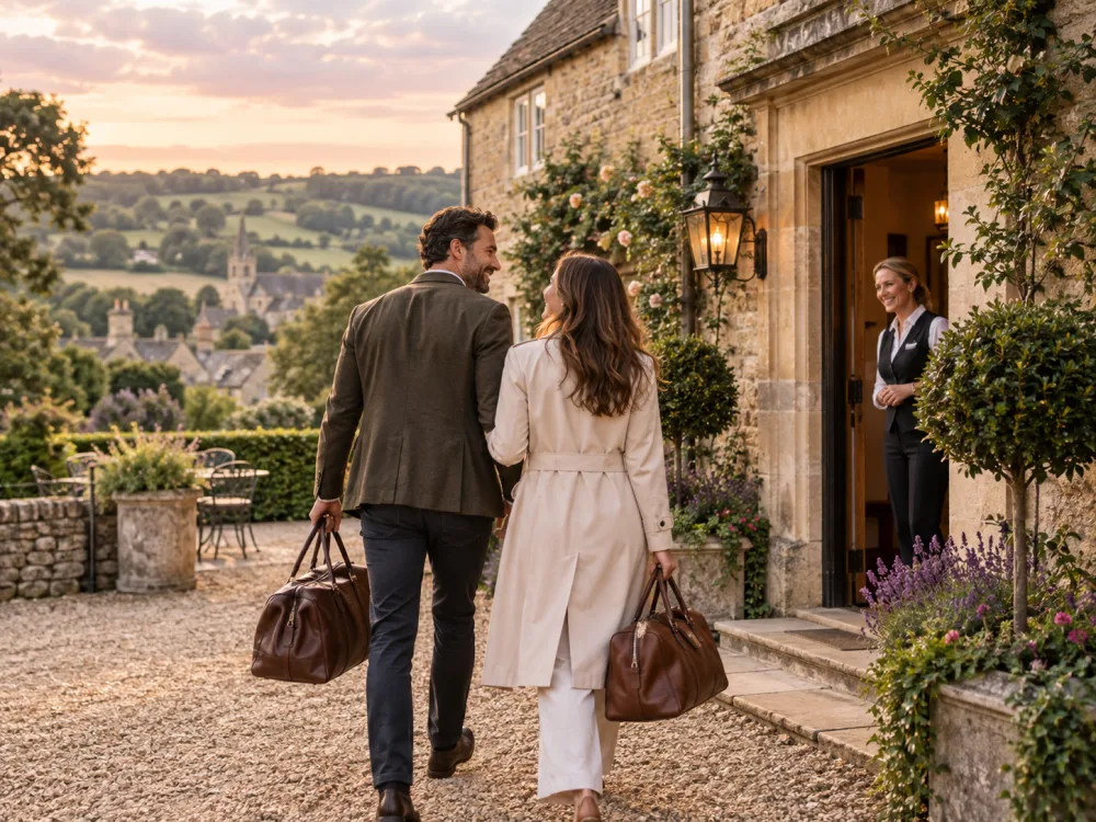 Couple arriving at a Cotswolds boutique country inn