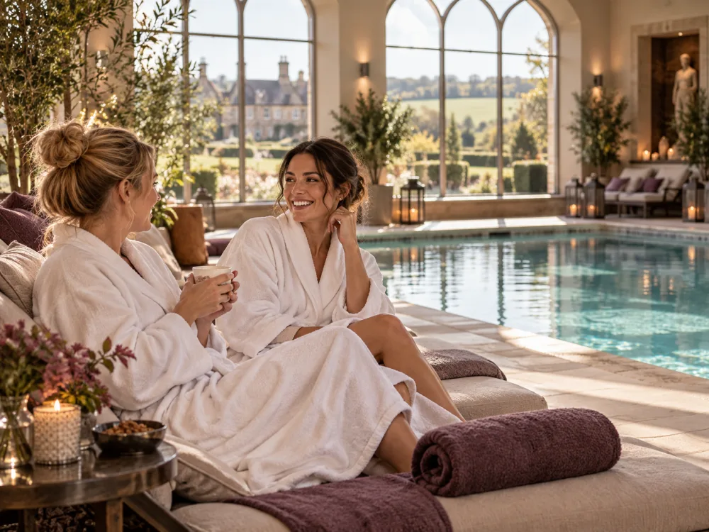 Friends relaxing beside an indoor pool during a luxury spa day